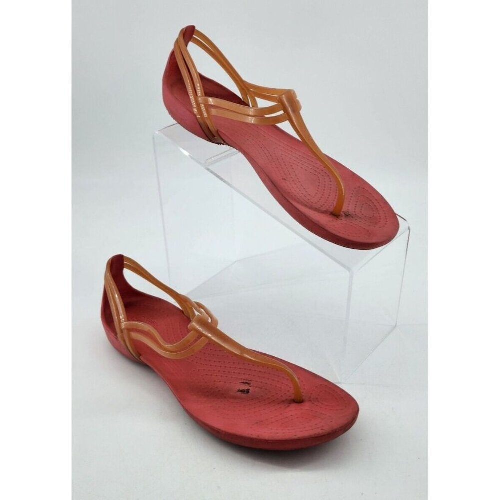 Crocs Isabella Sandals Pink/Orange Jelly T Strap Strappy Slip On Flats 202467 7